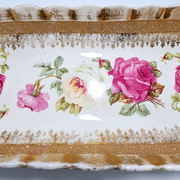 Antique Celery Tray Made in Germany Gold Trim Hand Painted Roses - Picture 2 of 7